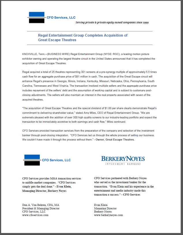 CFO Services Louisville - Regal Acquisition of Great Escape
